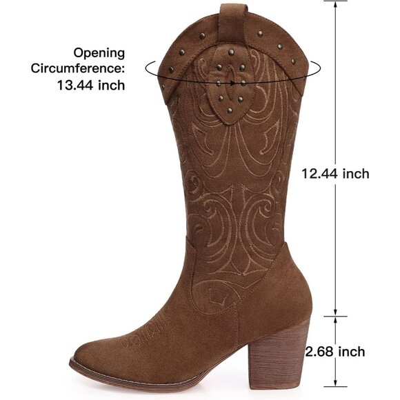 ⚡Women's Dark Brown Wide Calf Western Pointed Toe Chunky Heel Suede Embroidered - Picture 5 of 6